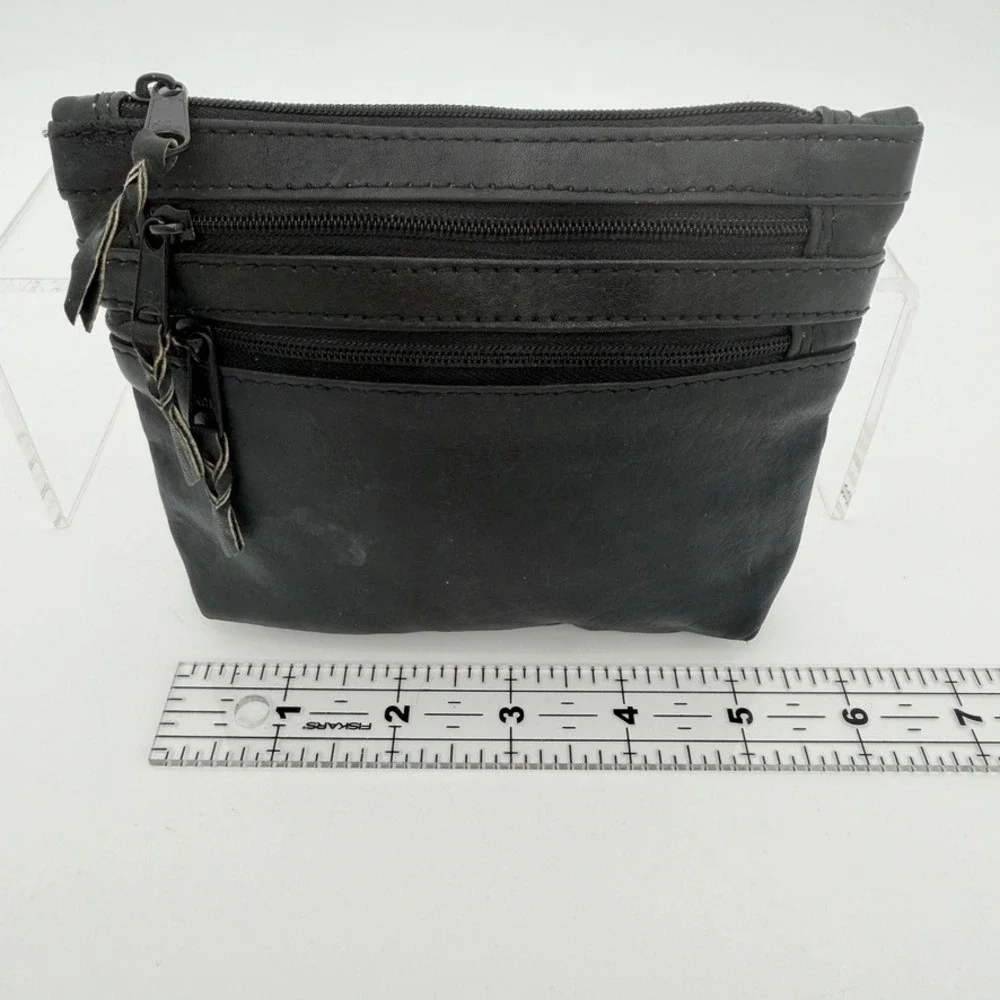 Emily Ann of Boca Raton Black Leather‎ Triple Zip Pouch Organizer Bag